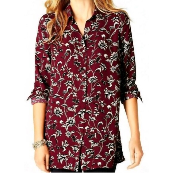J. Jill Burgundy Floral Long Sleeve Button Up Tunic Pleated Shirt Blouse Size S - Picture 1 of 16